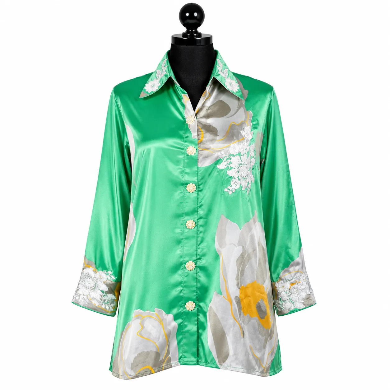 Green Satin Floral Print Button-Down Shirt